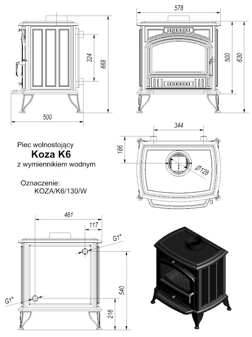 Чугунная печь Koza/K6/W (с вод. контуром) размеры (Kratki)