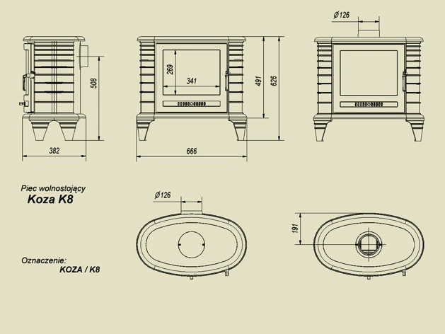 Чугунная печь Koza/K8 (термостат) размеры (Kratki)