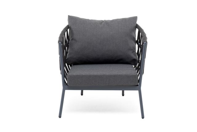 Диего кресло плетеное из роупа, каркас алюминиевый серый, роуп темно-серый, ткань темно-серая