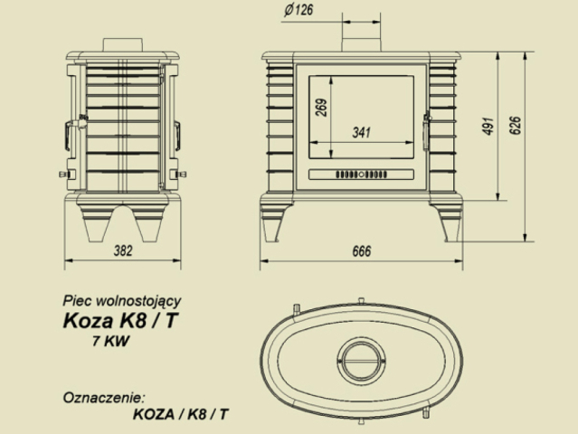 Чугунная печь Koza/K8/T размеры (Kratki)