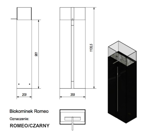 Чертеж напольного биокамина Romeo черный (Kratki - Польша)