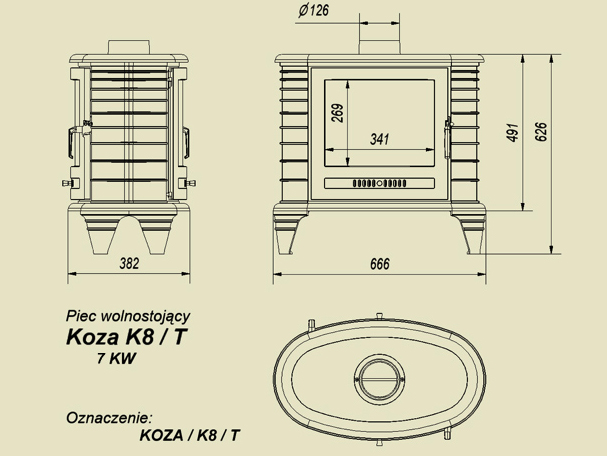 Чугунная печь Koza/K8/T размеры (Kratki)
