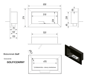 Чертеж настенного биокамина Golf Horizontal (Kratki - Польша)