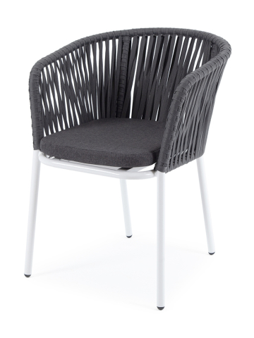 Бордо стул плетеный из роупа, каркас алюминий белый шагрень, роуп серый 15мм, ткань темно-серая
