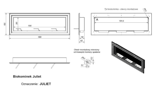 Чертеж настенного биокамина Juliet (1800x650) (Kratki - Польша)