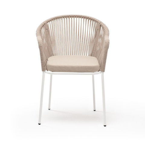 Лион стул стальной каркас белый, роуп и ткань бежевые