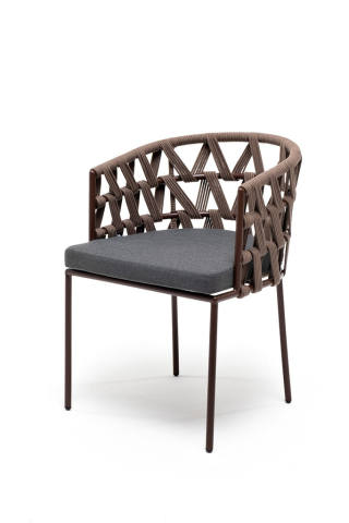 Диего плетеный стул из роупа, каркас стальной коричневый, роуп коричневый, ткань темно-серая