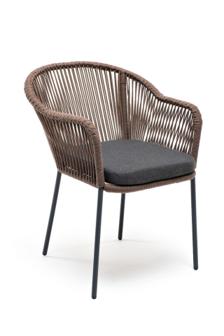 Лион плетеный стул из роупа, каркас стальной серый, роуп коричневый, ткань темно-серая