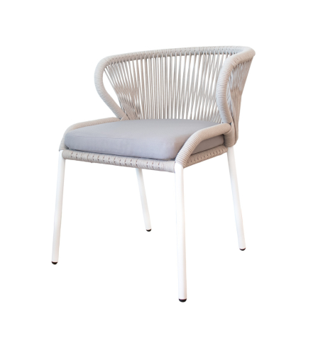 Милан плетеный стул из роупа, каркас алюминиевый белый, роуп бежевый, ткань светло-серый